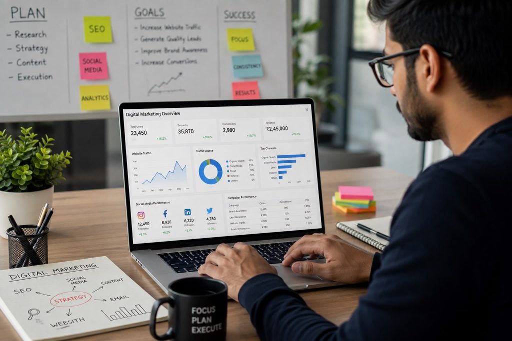 Digital marketer analyzing SEO,SEO Analytics, social media and website analytics